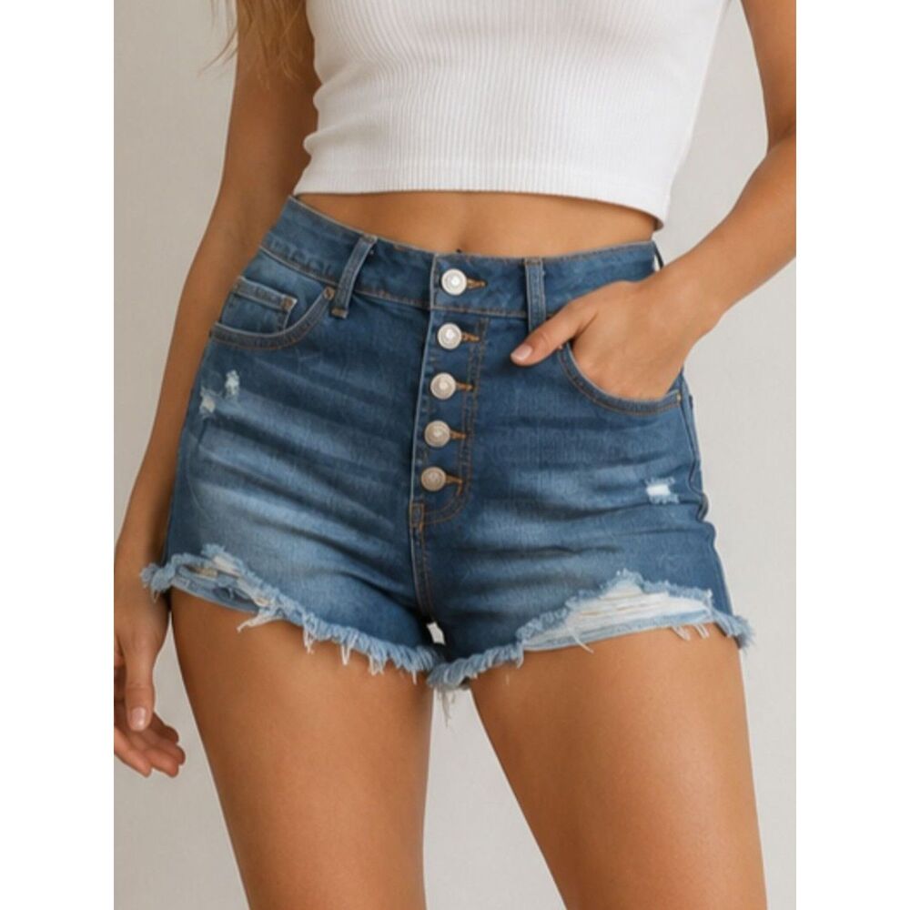 Rewash 7 / 28 Women's Button Fly Medium Wash High Rise Stretch Jean Shorts